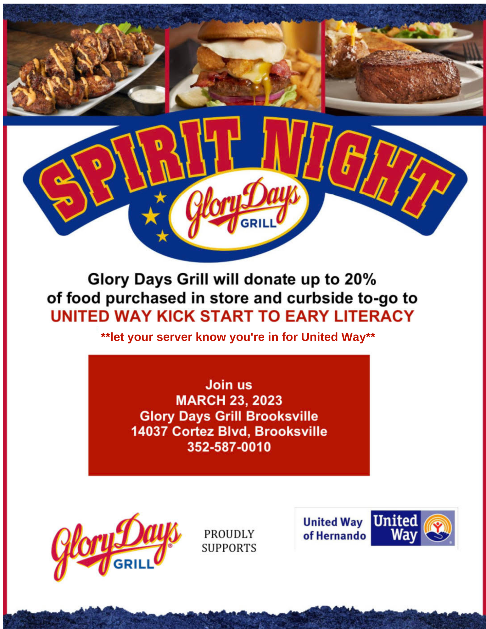 Glory Days Grill United Way Spirit Night 3-23-23