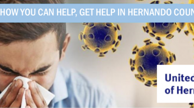 background image of magnified germs. on the left is a man sneezing. on the right is the united way of hernando logo. top text reads COVID-19: how you can help, get help in hernando county